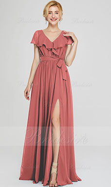 A-line V-neck Floor-length Chiffon Bridesmaid Dress with Split Front