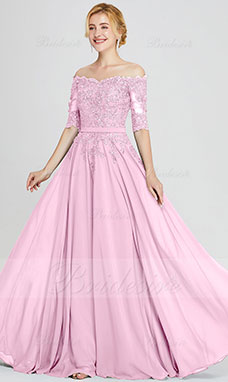 A-line Off-the-shoulder Floor-length Chiffon Evening Dress with Lace