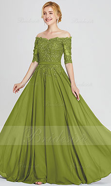 A-line Off-the-shoulder Floor-length Chiffon Evening Dress with Lace