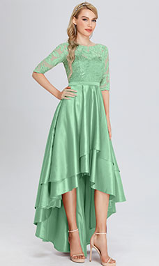 A-line Scoop Asymmetrical Satin Bridesmaid Dress with Lace