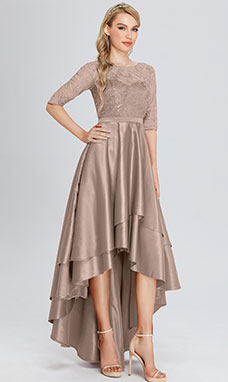 A-line Scoop Asymmetrical Satin Evening Dress with Lace 