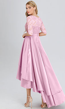 A-line Scoop Asymmetrical Satin Prom Dress with Lace
