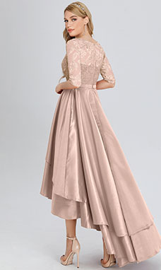 A-line Scoop Asymmetrical Satin Prom Dress with Lace