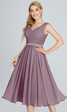 A-line V-neck Tea-length Chiffon Bridesmaid Dress