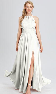 A-line Scoop Floor-length Chiffon Bridesmaid Dress with Ruffles