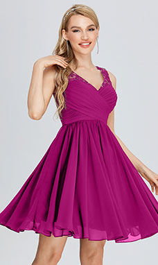A-line V-neck Knee-length Chiffon Bridesmaid Dress with Lace