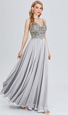 A-line V-neck Floor-length Chiffon Evening Dress with Lace