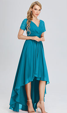 A-line V-neck Asymmetrical Chiffon Evening Dress with Ruffles