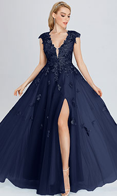 A-line V-neck Floor-length Tulle Evening Dress with Split Front