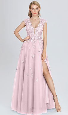 A-line V-neck Floor-length Tulle Prom Dress with Split Front