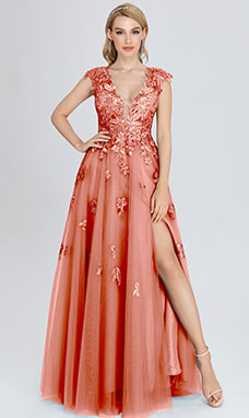 A-line V-neck Floor-length Tulle Prom Dress with Split Front