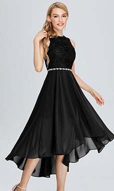 A-line Scoop Asymmetrical Chiffon Bridesmaid Dress with Lace