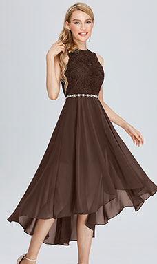 A-line Scoop Asymmetrical Chiffon Cocktail Dress with Lace