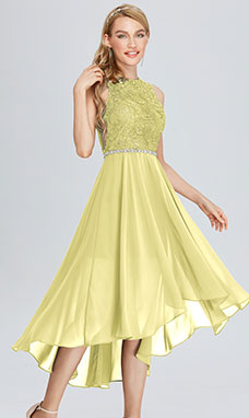 A-line Scoop Asymmetrical Chiffon Bridesmaid Dress with Lace