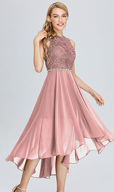A-line Scoop Asymmetrical Chiffon Cocktail Dress with Lace