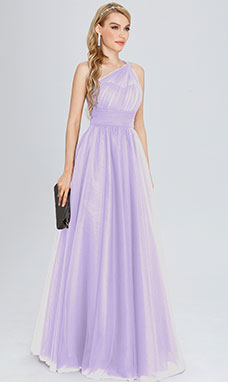 A-line One Shoulder Floor-length Tulle Bridesmaid Dress