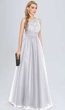 A-line One Shoulder Floor-length Tulle Bridesmaid Dress