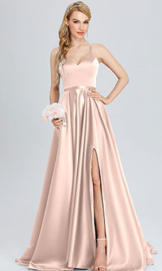 A-line V-neck Satin Sleeveless Prom Dress with Split Front