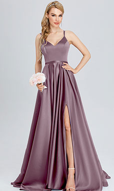 A-line V-neck Satin Sleeveless Prom Dress with Split Front