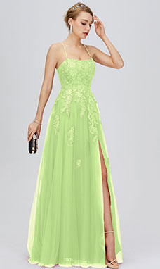A-line Sleeveless Floor-length Tulle Prom Dress with Split Front
