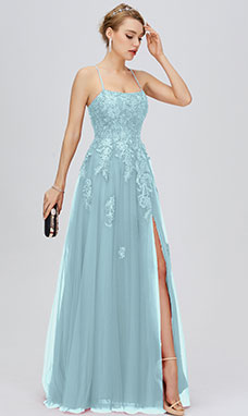 A-line Sleeveless Floor-length Tulle Prom Dress with Split Front