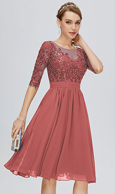 A-line Scoop Knee-length Chiffon Prom Dress with Lace