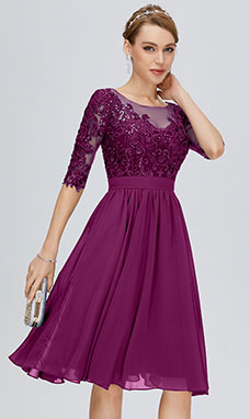 A-line Scoop Knee-length Chiffon Cocktail Dress with Lace