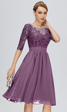 A-line Scoop Knee-length Chiffon Cocktail Dress with Lace