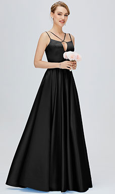 A-line V-neck Floor-length Sleeveless Satin Prom Dress