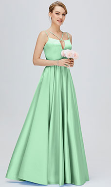 A-line V-neck Floor-length Sleeveless Satin Prom Dress