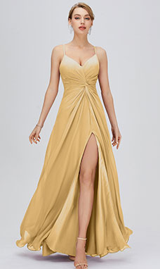 A-line V-neck Floor-length Sleeveless Chiffon Bridesmaid Dress with Split Front