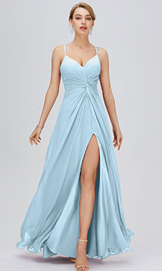 A-line V-neck Floor-length Sleeveless Chiffon Prom Dress with Split Front