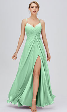 A-line V-neck Floor-length Sleeveless Chiffon Bridesmaid Dress with Split Front