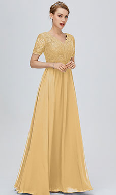 Trapezio A V Raso terra Maniche corte Chiffon Abito da festa con Pizzo