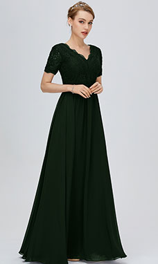 Trapezio A V Raso terra Maniche corte Chiffon Abito da festa con Pizzo