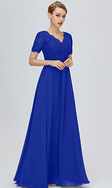 Trapezio A V Raso terra Maniche corte Chiffon Abito da festa con Pizzo