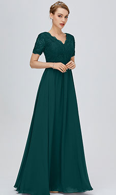 Trapezio A V Raso terra Maniche corte Chiffon vestito da damigella con Pizzo