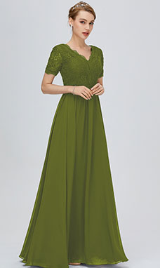 Trapezio A V Raso terra Maniche corte Chiffon vestito da damigella con Pizzo