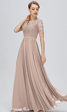A-line V-neck Floor-length Short Sleeve Chiffon Evening Dress with Lace