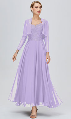 A-line V-neck Ankle-length Chiffon Mother of the Bride Dress with Lace