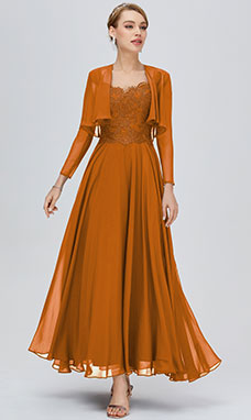A-line V-neck Ankle-length Chiffon Evening Dress with Lace
