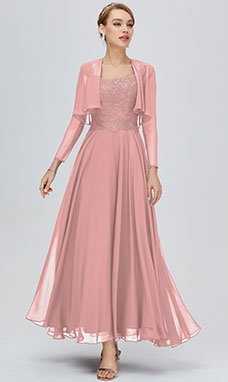 A-line V-neck Ankle-length Chiffon Mother of the Bride Dress with Lace