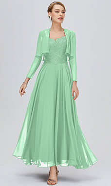A-line V-neck Ankle-length Chiffon Evening Dress with Lace