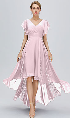 A-line V-neck Asymmetrical Chiffon Evening Dress with Lace