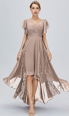 A-line V-neck Asymmetrical Chiffon Bridesmaid Dress with Lace