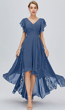 A-line V-neck Asymmetrical Chiffon Evening Dress with Lace
