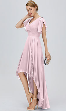 A-line V-neck Asymmetrical Chiffon Cocktail Dress with Lace