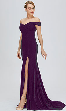 Meerjungfrau-Linie / Mermaid-Stil Carmen-Ausschnitt ärmellos Velvet Abendkleid mit Schlitz Vorn