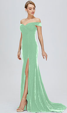Meerjungfrau-Linie / Mermaid-Stil Carmen-Ausschnitt ärmellos Velvet Abendkleid mit Schlitz Vorn