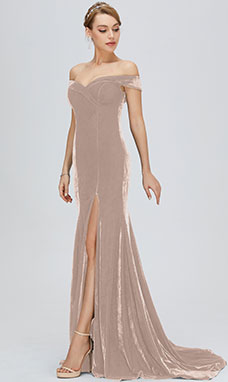Meerjungfrau-Linie / Mermaid-Stil Carmen-Ausschnitt ärmellos Velvet Abendkleid mit Schlitz Vorn